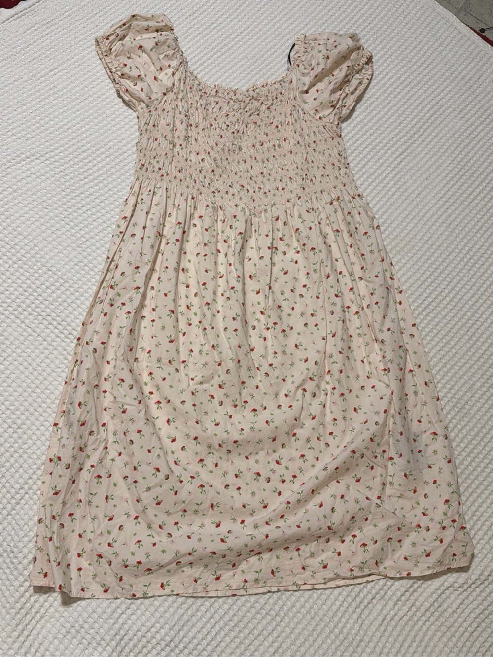 Cream Floral Smocked Puff-Sleeve Dress